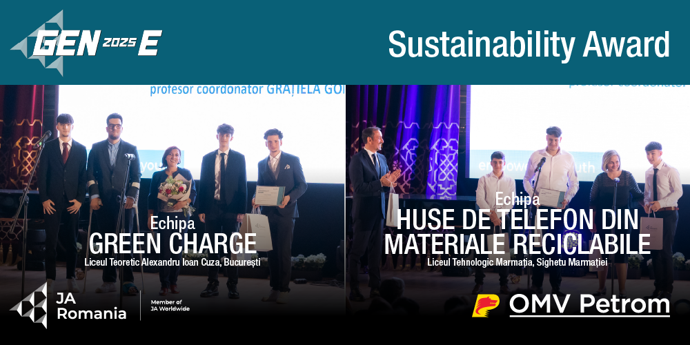Echipele Green Charge și Huse de telefon din materiale reciclabile au câștigat Sustainability Award, oferit de OMV Petrom în cadrul competiției GEN-E